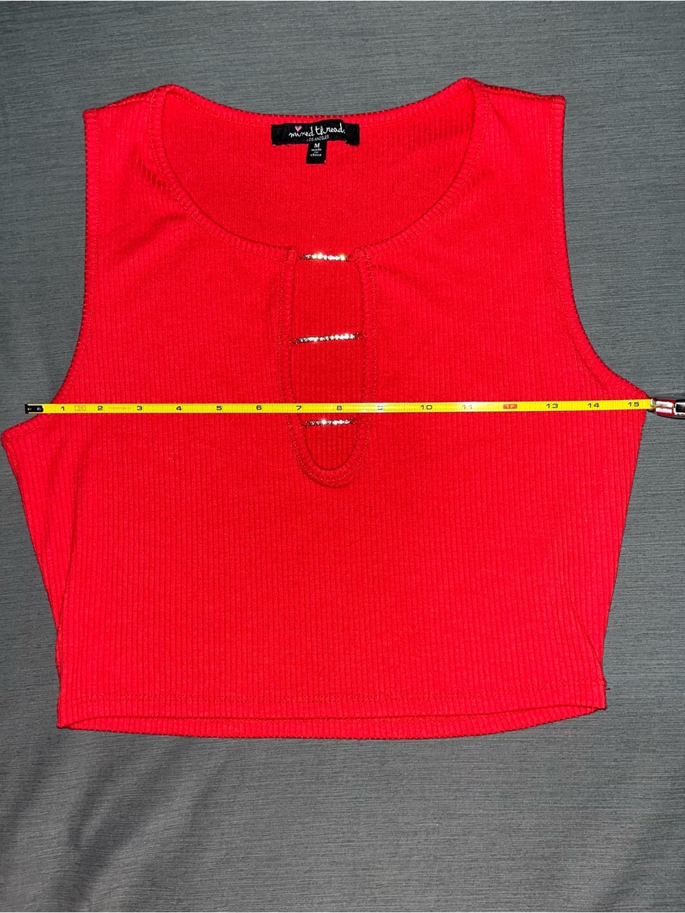 Mixed Thread LA Red Ribbed Crop Top Tank Rhinestone Cutout Size M 💎 - Picture 4 of 8